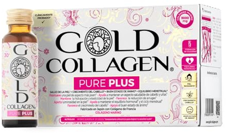 GOLD COLLAGEN New Pure Plus - Complemento con 8g Colágeno Marino Hidrolizado, Biotina para el Cabello Piel y Uñas Equilibrio Hormonal e Inmunitario con Vitamina C Ácido Hialurónico, 10 Botellitas 50ml