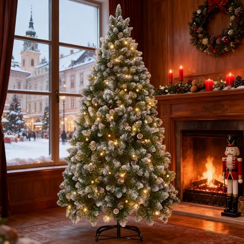 Froadp Árbol de Navidad artificial de 210 cm en PVC, iluminado con efecto nieve, desmontable con 820 ramas, soporte para árbol de Navidad ignifugo para decoraciones navideñas en interiores (350 LED)