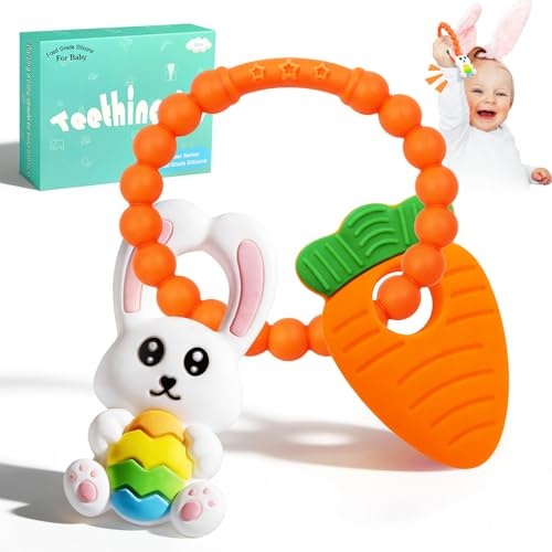 Easter Baby Teething Ring Toys – Tinabless Easter Basket Essentials Stuffers, Multi Texture Silicone Teethers for Teething Relief, Soft Chew Toys, Baby First Easter Gift for Boys & Girls(Orange)