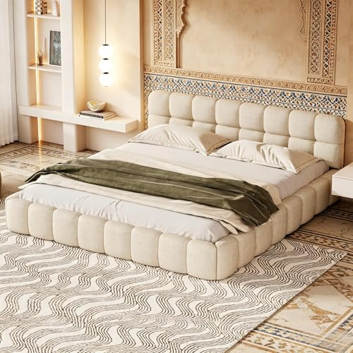 PerGar Sängklädsel, 140 x 190 cm, dubbelsäng, familjesäng, vadderad sängram, dubbelsäng med mjukt ryggstöd, sängram med sänggavel och ribbotten, ungdomssäng, linne, beige