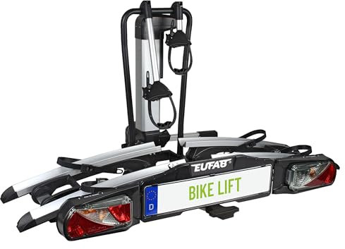 EUFAB 11554 Portabici Bike Lift E-Bike completamente premontato, abbassamento elettrico, antifurto, per 2 biciclette, gancio di traino, 2025 con supporto telaio