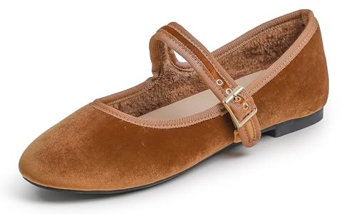 FEVERSOLE Dam mjuk kudde extra vadderad komfort rund tå Mary Jane metallspänne mode balettskor promenadskor, Kamel sammet Mary Jane med kort plysch, 42 EU