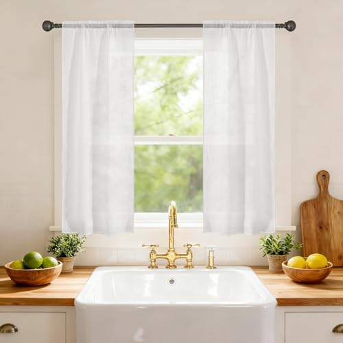 Ystyle Halvtransparent Interiörgardiner Om 2, 70x150 CM, Skir Vardagsrumsgardin Med Linneutseende, Glasgardiner För Små Fönster Med Stångficka, Moderna Voile Gardin För Kök Sovrum, Vit