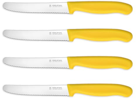 targzier Tomato Knife&Small Knife,Stainless Steel Serrated Kitchen Knives | Set of 4,Yellow Polypropylene Handle,11cm Utility Knifes,Tomato Knives for Kitchen,hotel&Gift,Dishwasher Safe Dinner Knife