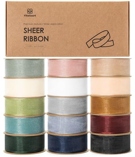 Vitalizart Mixed 15 Colours Organza Ribbon 1'' x 150Yd Ribbons for Crafting | 15 Rolls x 10Yd, Wide Fabric Tulle Ribbons for Gift Wrapping, Christmas Tree, Decoration, Bows, Wedding Invitations