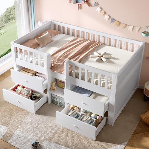 Miyemo Bunk Bed for Kids, 3ft Single Bed Frame with Storage Drawers, Solid Wood Cabin Mid Sleeper Frame with Guardrail, Low Sleeper Beds, 90x190cm, White, Without Mattress