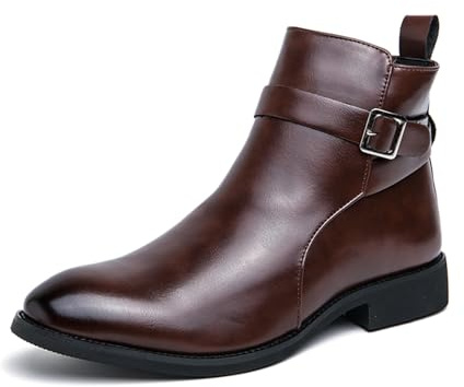 Botas de cuero para hombre, correa de hebilla, vestido formal, negocios, casual, motocicleta, con cremallera, botas de tobillo para hombre, Brown, 42.5 EU