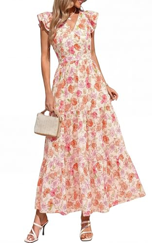 PRETTYGARDEN Women's Spring Summer Maxi Dresses 2026 Casual Wrap V Neck Floral Ruffle Sleeve Flowy Long Beach Boho Sun Dress (Beige Multi Flower,L)