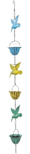 Lawnoval Catena della pioggia da 2,4 m con colibrì e decorazione floreale, in metallo, regolabile, per grondaie, decorazione da giardino all'aperto, blu