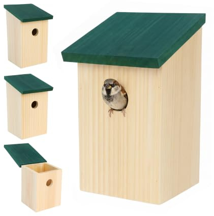 Relaxdays Nichoir Lot de 4 pour moineaux et mésanges, Ouverture Ø32 mm, Toit ouvrant, à Suspendre, Naturel/Vert, 22×12×1
