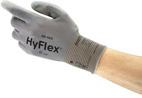 Ansell HyFlex 48-102 Dünne Arbeitshandschuhe mit PU Beschichtung, Leichte Schutzhandschuhe für Präzises Arbeiten, Heimwerk, Montage, Handschuhe Herren Damen, Grau, Größe M (12 Paar)