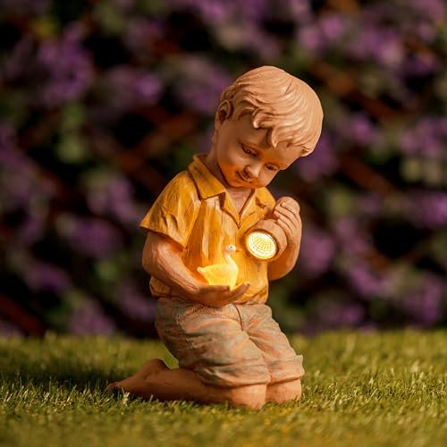 Garden Mile Solar Boy Garden Ornament - Resin Boy and Duck Statue with Solar Lantern Light - Weatherproof Outdoor Decoration for Patio, Lawn, Flower Beds - Durable 25 cm Hand-Painted Garden Figure