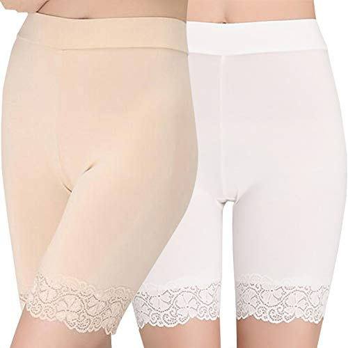 Women's Control Brief Underskirt Long Panties Underwear with Elastic Lace Knickers, Beige+White, One size fits all
