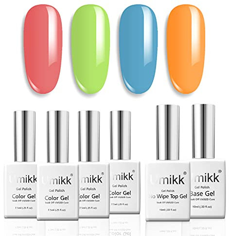 Umikk Gel Nail Polish Set Living Coral Green Blue Orange 7.5 ml with Base Coat Top Coat 10 ml Soak Off UV LED Cured Home Manicure Gel Polish