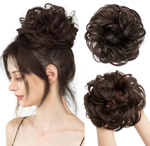 CJL HAIR Large Messy Bun Hair Piece Wavy Curly Scrunchies Synthetic Chignon Ponytail Hair Extensions Thick Updo Hairpieces for Women Dark Brown