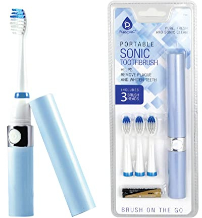 Pursonic Portable Sonic Toothbrush Battery Operated, Battery Included, 3 Brush Heads Included, 22,000 Strokes Per Minute, Brush On The Go (Blue)