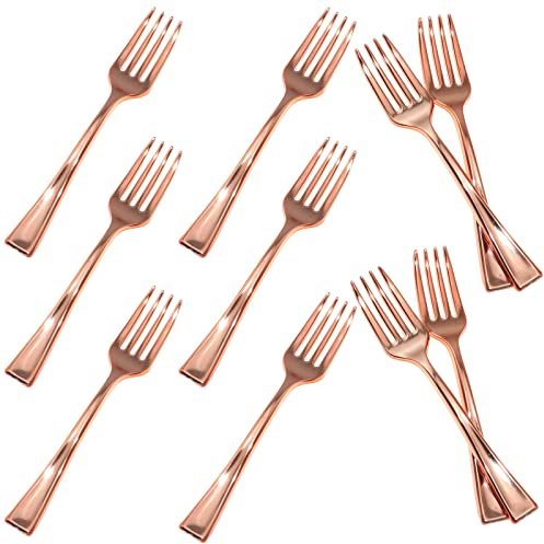 Lind Kitchen 24PCS 9.8cm Disposable Rose Gold Mini Fork Mini Plastic Tasting Forks Disposable Mini Fork Fruit Dessert Pudding Fork for Appetizer Desserts Cocktail Cake Fruit Wedding Party