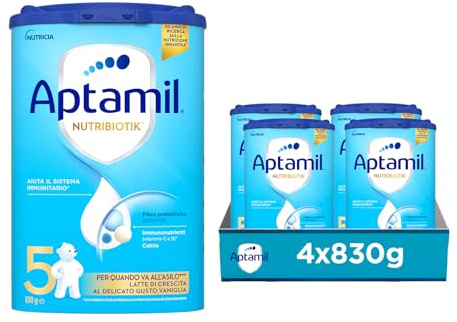 APTAMIL Nutriobiotik 5 - Latte di Crescita in Polvere al Delicato gusto di Vaniglia per Bambini dai 36 mesi - da 3320 grammi (4 confezioni da 830g)
