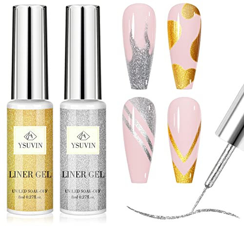 Yueshop 2PCS (2x8ml) Art Liner Gel Nail Polishes Set, Silver & Gold Painting Soak Off Gel Nail Varnish Collection Drawing UV Liner Gel Polish Pen Tool for Home DIY Nail Salon