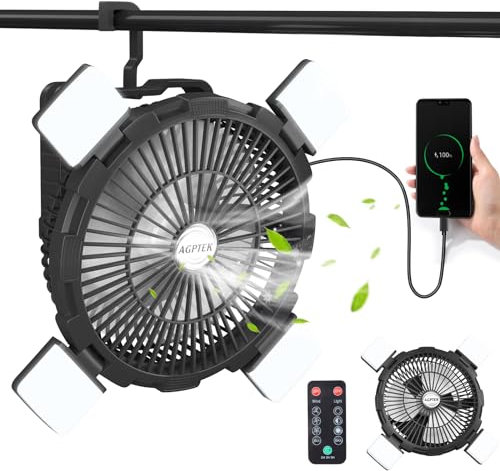 AGPTEK Wiederaufladbarer Outdoor Camping Ventilator - 8000mAh batteriebetriebener Zelt Ventilator mit LED Licht und Haken, tragbar für Picknicks, Grillen, Angeln, Reisen, Zuhause, Büro, Bau