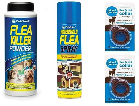 4 Pack Includes Flea Killer Powder + Aerosol Flea Killer Spray + 2 Piece Flea Tick Collars - Animal Flea Dog Tick Lice