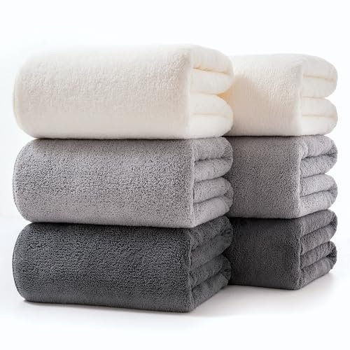 Lumimi Towels 6 Piece Multicolour Soft Microfiber Bath Towel Set Incredibly Absorbent Lightweight Quick Dry and Durable, 55 L x 27 W, 6 Pack White Dark Light Grey