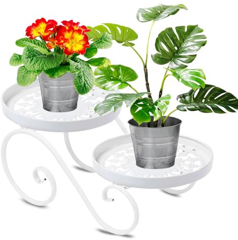 Santentre 2 Livelli Bianco Porta Piante da Interno, Metall Scaffale per Piante, Antiruggine Portavaso da Interno Esterno, Piedistallo per Piante per Pianta Multipla, Rotondo Casa Espositore Portafiori