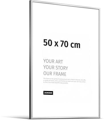 JUNOMI® Cornice portafoto 50 × 70 cm, alluminio argento lucido elegante – profilo slim, vetro acrilico antiurto, appendiatura orizzontale e verticale