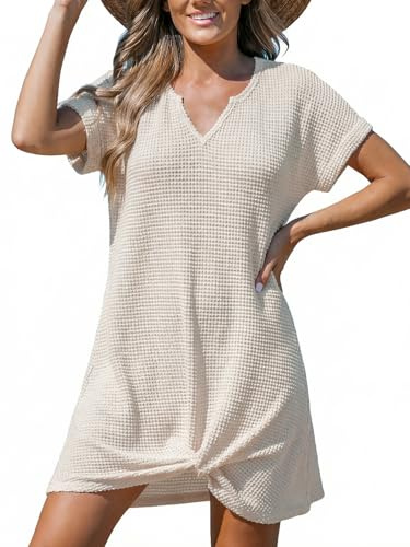 CUPSHE Dam baddräkt överdrag kortärmad våffla twist front sommar mini strand coverup klänning, Benvit, L
