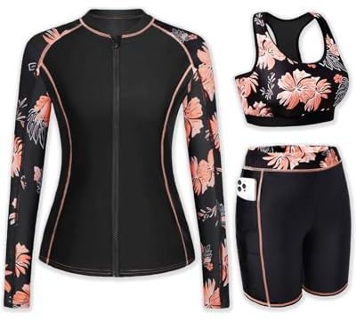 Daci Orange Floral Women 3 Piece Rash Guard - 3PC Long Sleeve Zip up Swim Shirt Sports Bra Modest Swimsuit with Shorts L