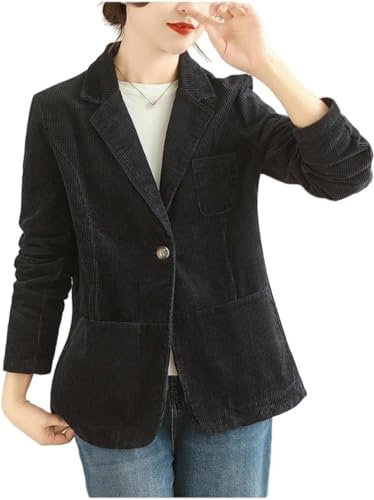 Yancremio Cordblazer für Damen Retro Mode Trend Klassische Blazerjacke mit einem Knopf am Revers Leichte Elegante Blazerjacke fürs Businessbüro (Schwarz,XL)