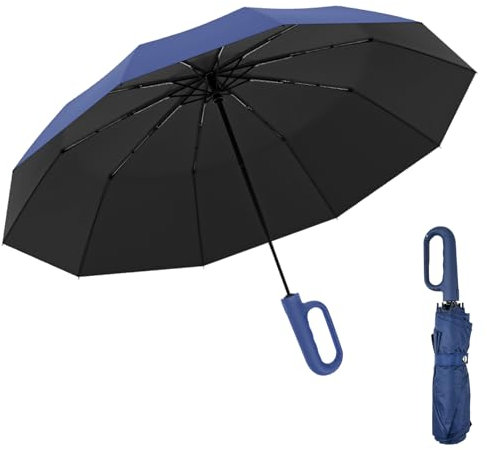 ADERTOS Regenschirm Automatik Auf und Zu 126cm Spannweite Taschenschirm Größer Faltender Sturmschirm mit 10 Rippen Sonnenschirm Faltbarschirm mit Schnallengriff zum Umhängen für Männer Frauen Blau
