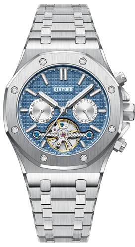 HFWXYSA Business Tourbillon Automatische mechanische Uhr für Herren Edelstahl Kalender Leuchtender Zeiger Multifunktions selbstaufziehende Armbanduhr