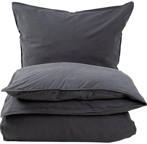 Knutzen Wohnen Bettwäsche 155x220 Baumwolle Anthrazit - Stonewashed Leinen Optik - Baumwoll Bettwäsche mit Reißverschluss - Bettwäsche-Sets mit 1x Bettbezug 155x220 und 1x Kissenhülle 80x80