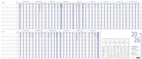 Zettler Urlaubsplaner 15 Mon 2026 – Wandkalender 100 × 42 cm, 15 Monate auf 1 Seite (inkl. Jan–März Folgejahr), für 35 Mitarbeiter, Wochenzählung, Sonn- & Feiertage, gefalzt, FSC-zertifiziert