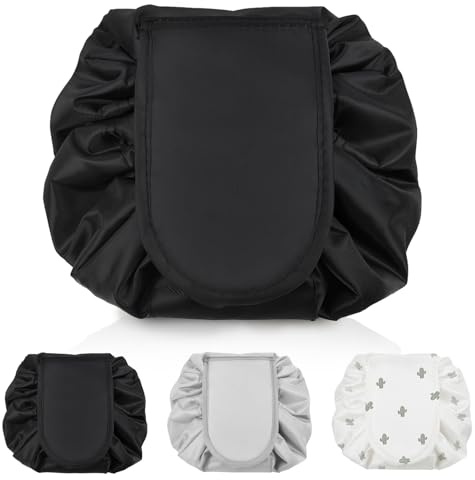 Sahunfri Lazy Drawstring Makeup Bag for Women,Flat Lay Cosmetic Makeup Bag for Cosmetics, Makeup Tools,Travle Pouch Storage Organiser (Black)