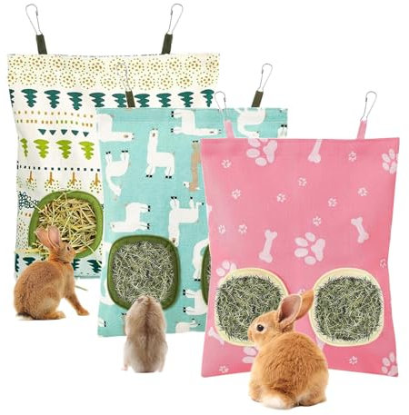 LCUHAVA 3 Heubeutel für Kaninchen, Chinchillas, Hamster und andere kleine Haustiere, zum Aufhängen, 2 Löcher für Heu