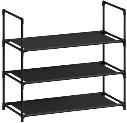 WOLTU Schuhregal 3 Ebenen,Stapelbar,Aufrecht Oder Umgedrehtschmalem,Schuhregal Platzsparend für Flur/Wohnzimmer/Korridor, Metallgestell, kompakte und abnehmbare Regale, 61x28x55 cm, Schwarz