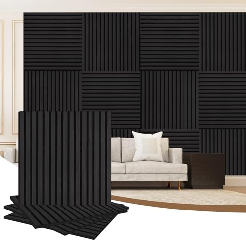 AKK-PANE 4 Pack Acoustic Wall Wood Panels - 1200mm x 600mm 1.44 m², 3D Slat Wall Panelling for Wall and Ceiling, Sound Absorbing Wooden Wall Panels for Living Room, Bedroom, Office (Mirage Black 22#)