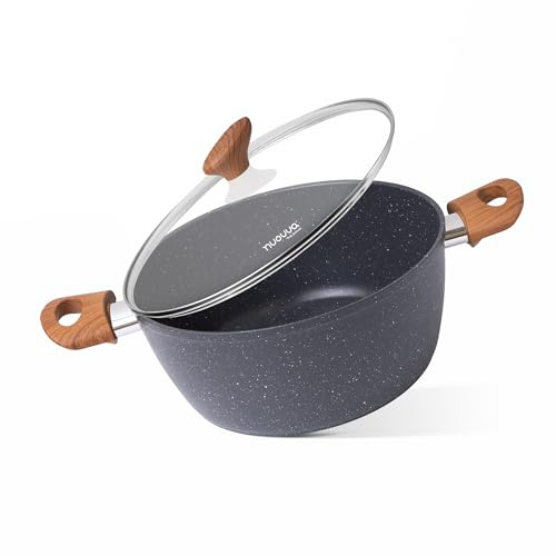 Non Stick Cooking Pots with Glass Lid – 4.2 Quart Induction Hob Stock Pot – Kitchen Deep Casserole Cookware – 24cm, Marble – by Nuovva