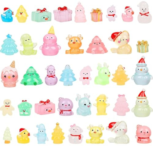 FINGOOO 40 pieces Christmas Light in Dark Resin Ornament, Christmas Tableware Assorted Snowman, Santa, Reindeer, Gift Box, Xmas tree Assorted for Kids Home Décor