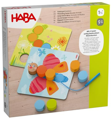 HABA 2012248001 Wooden Animals Stringing Game - Fun of Colours and Counting for Little Fans from 18 Months - 4 Patterned Cards & 20 Wooden Pawns