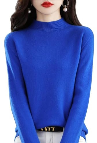 Suéter De Cachemira para Mujer, Jersey De Punto De Lana Merino De Otoño, Jersey Elegante De Talla Grande con Cuello Alto Y Manga Larga, Jersey De Lana Suave Y Cálido para Invierno, Azul Real M