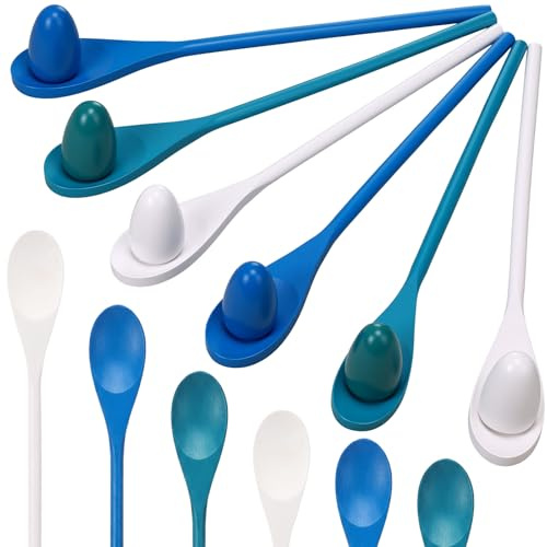 Simgoing 12 Pcs Egg and Spoon Race Game Set, Wooden Balance Relay Outdoor Yard Game for Family Easter Day Carnival Birthday Field Activity(Blue)