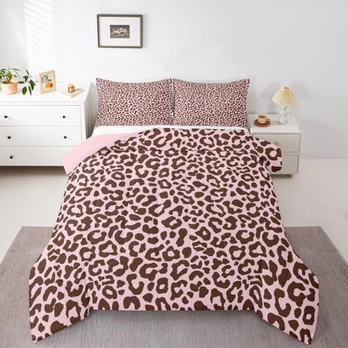 Loussiesd sängkläder med rosa leopardtryck, alla årstider, gepard, täcke, enkelstorlek, med 1 örngott, djurtryck, mikrofiber, barnsängkläder, safari sovrumsdekor