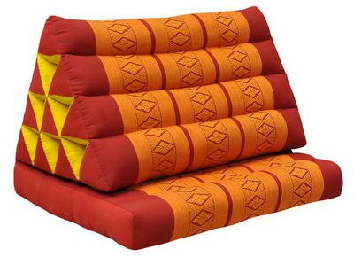Kapok Thai-Kissen, Yoga-Kissen, Massage-Kissen, Kopfkissen, Tantra-Kissen, Sitzkissen, Falt-Matratze, Boden-Liege-Matte - rot/orange Muster (Dreieck mit 1 Auflage 52x35x45 (81001))