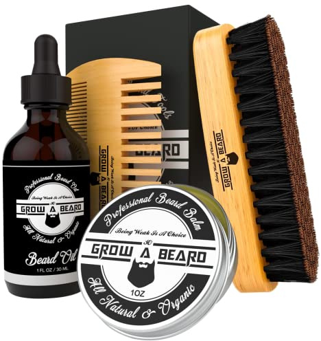 Beard Brush, Beard Comb, Beard Oil, & Beard Balm Grooming Kit for Men's Care, Travel Facial Hair Set for Growth, Styling, Shine & Softness, Great Gifts for Him, Fathers Day, Dad Gifts