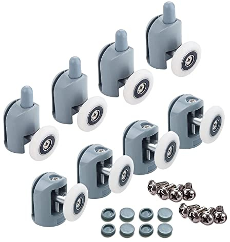 Set di 8 rulli per porta doccia, guide per porta doccia singole, ruote, puleggia, guide diametro 25 mm, parti di ricambio fai da te (4 rulli superiori e 4 rulli inferiori) (25mm)