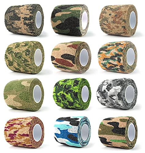 Bendaggio Coesivo, 12 Rotoli Bendaggio Adesivo Elastico Adesivo Benda Mimetica per Caccia Camuffamento Autoadesivo della bicicletta