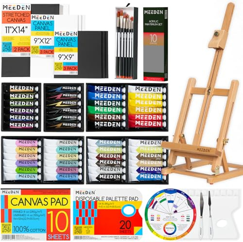 MEEDEN Acrylic Painting Kit with Wood Tabletop Easel, 48x22ml Acrylic Paints, 10 Brushes, Stretched Canvas, Art Supplies, Acrylic Painting Set for Adults, Beginner, Artists